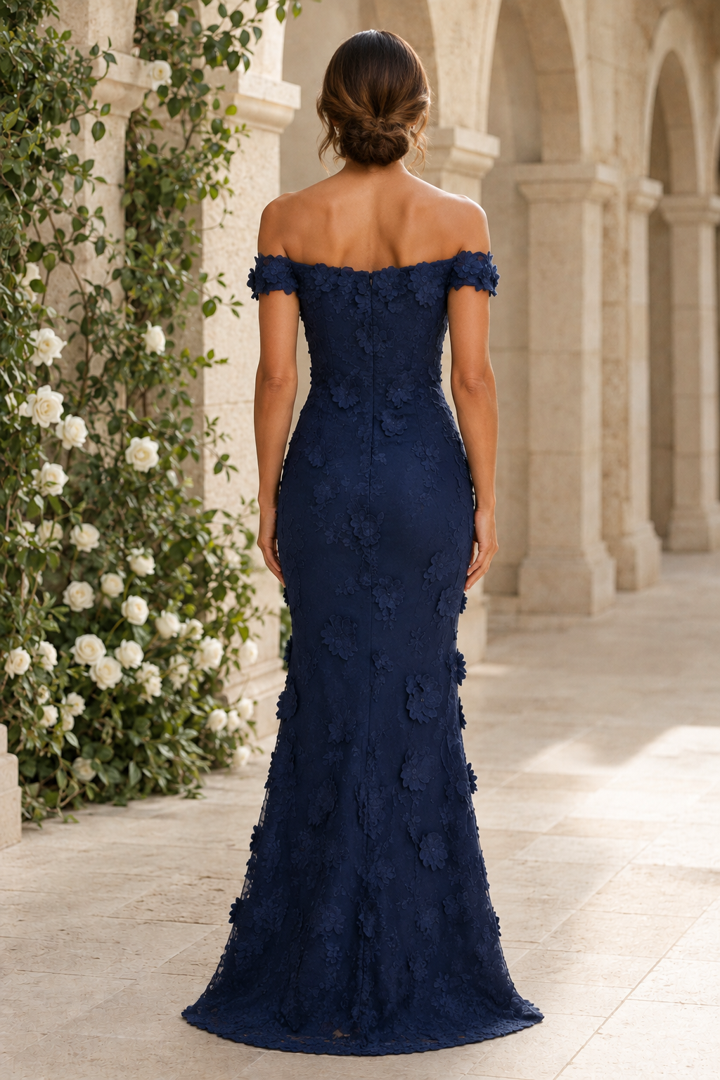Off-the-Shoulder 3D Floral Lace Mermaid Gown