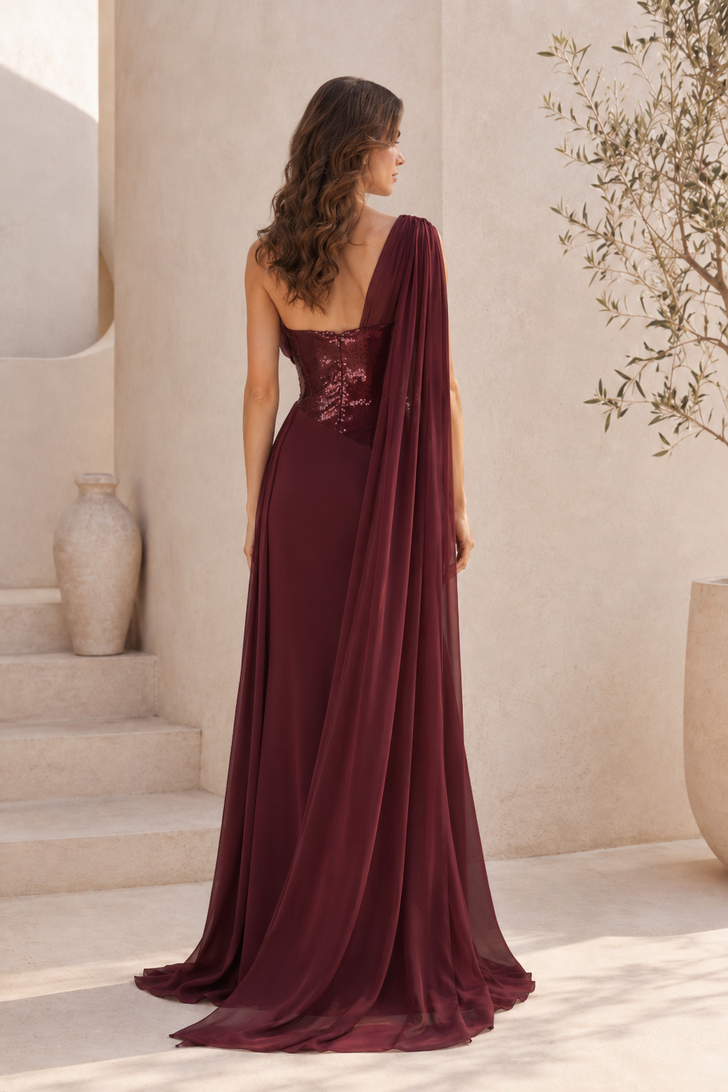 One-Shoulder Sequin Corset Evening Gown with Cape