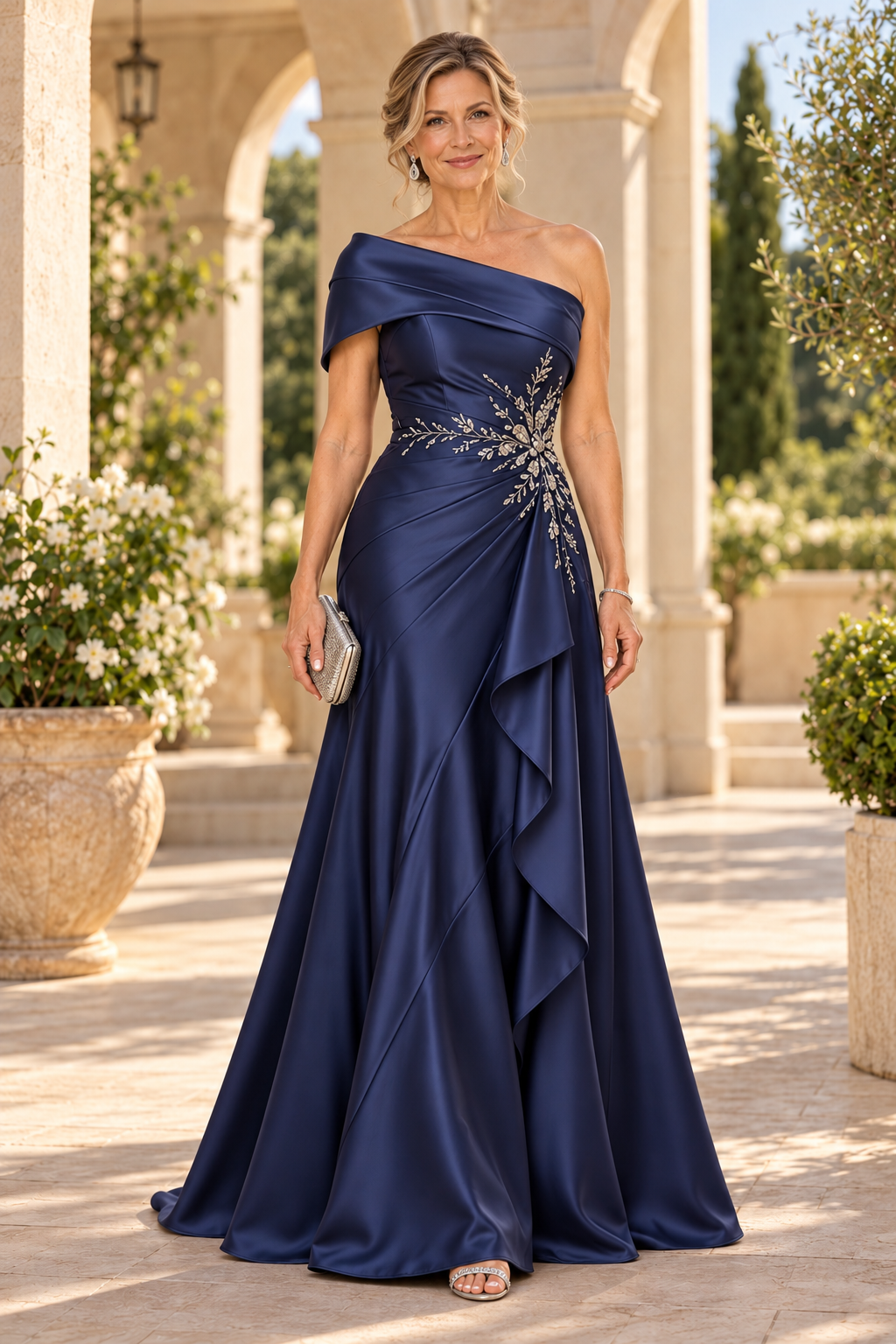 One-Shoulder Satin Gown with Beaded Waist