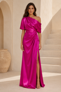One-Shoulder Draped Satin Gown with High Slit