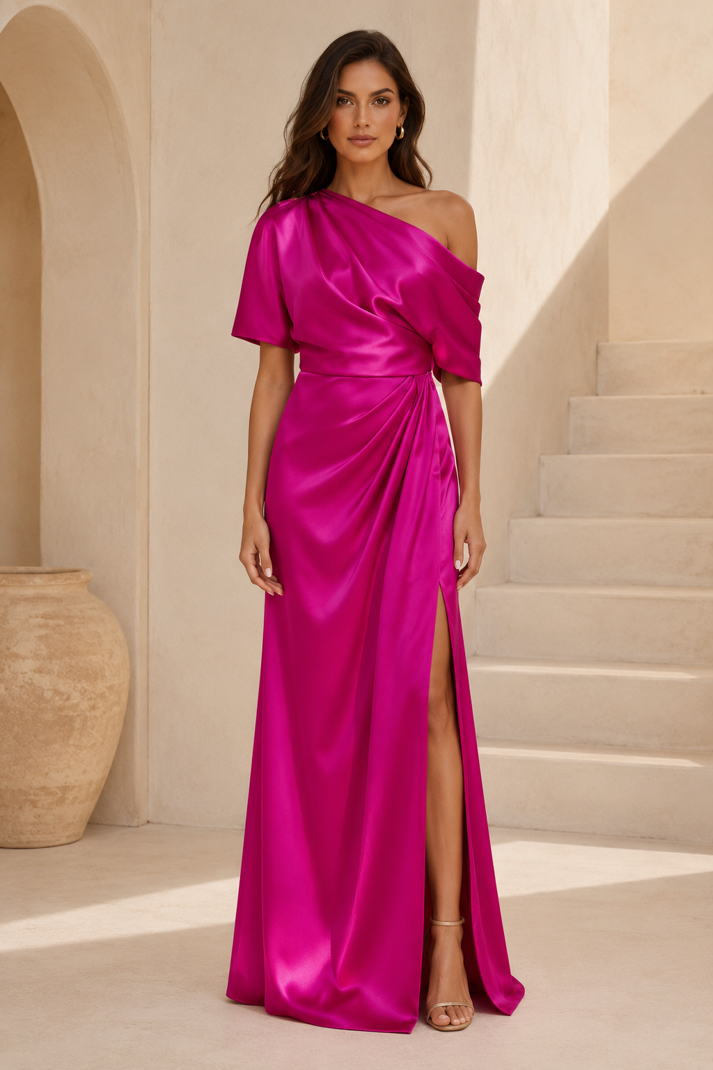 One-Shoulder Draped Satin Gown with High Slit