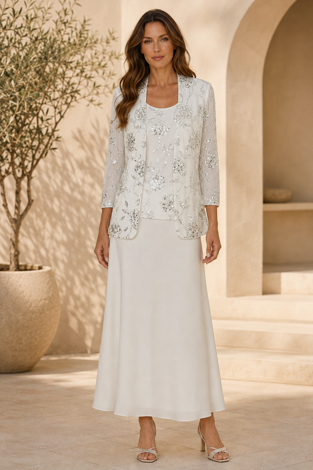 Sequin Floral Jacket and Ankle-Length Dress Set