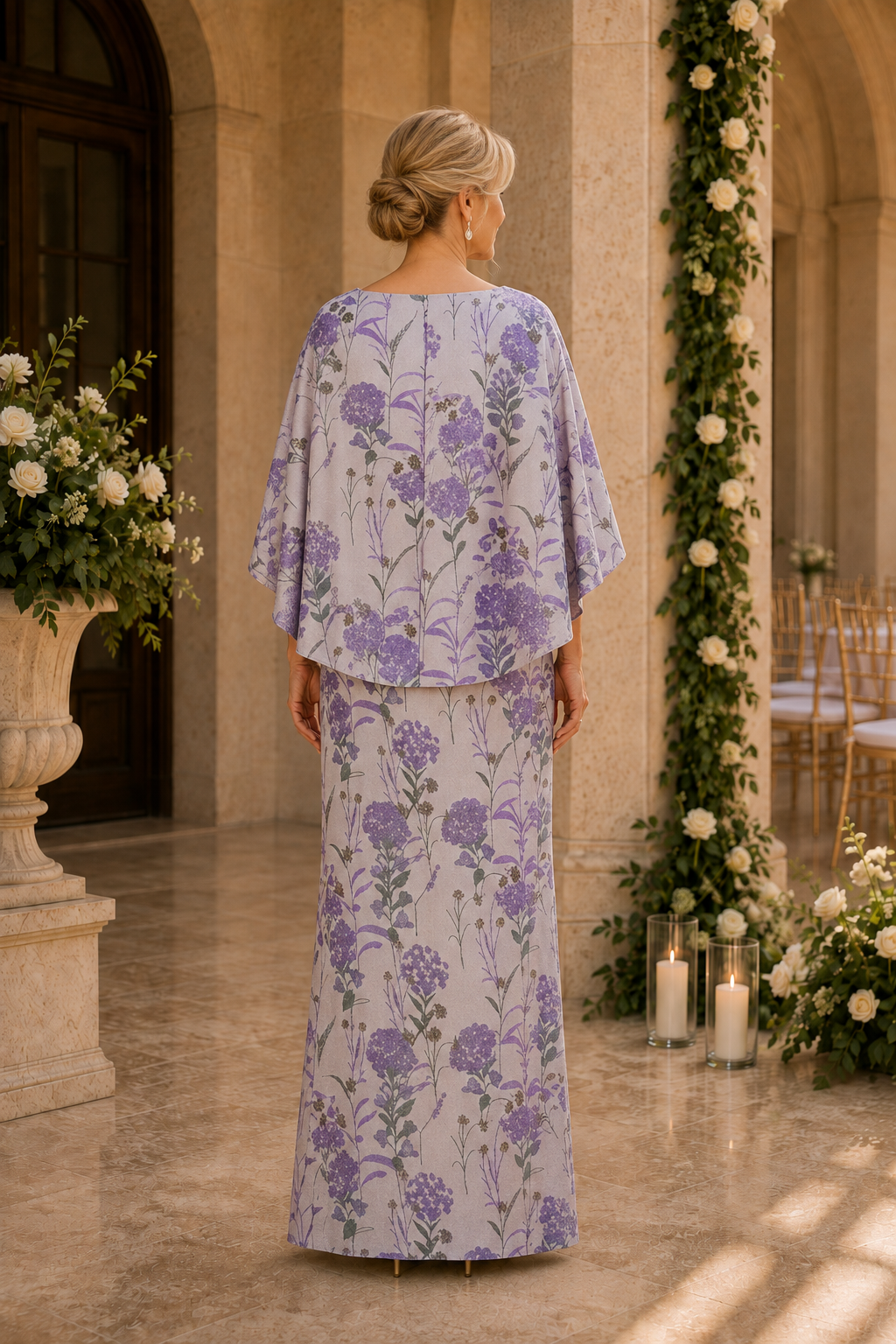 Floral Print Capelet Column Maxi Dress