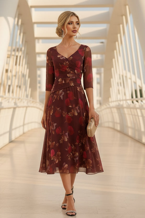Floral Chiffon V-Neck A-Line Midi Dress