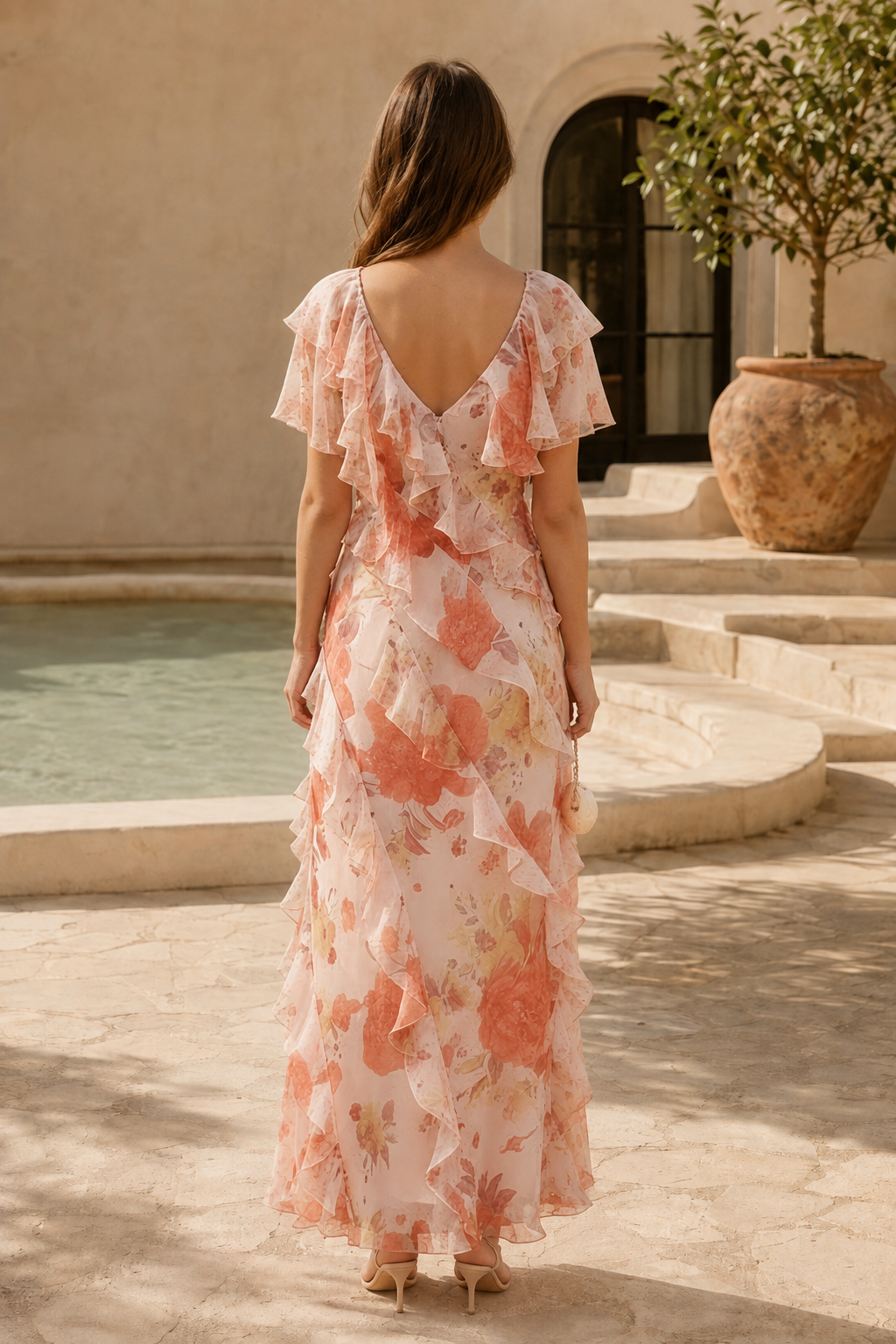 Floral Print Ruffled Maxi Dress with V-Neck