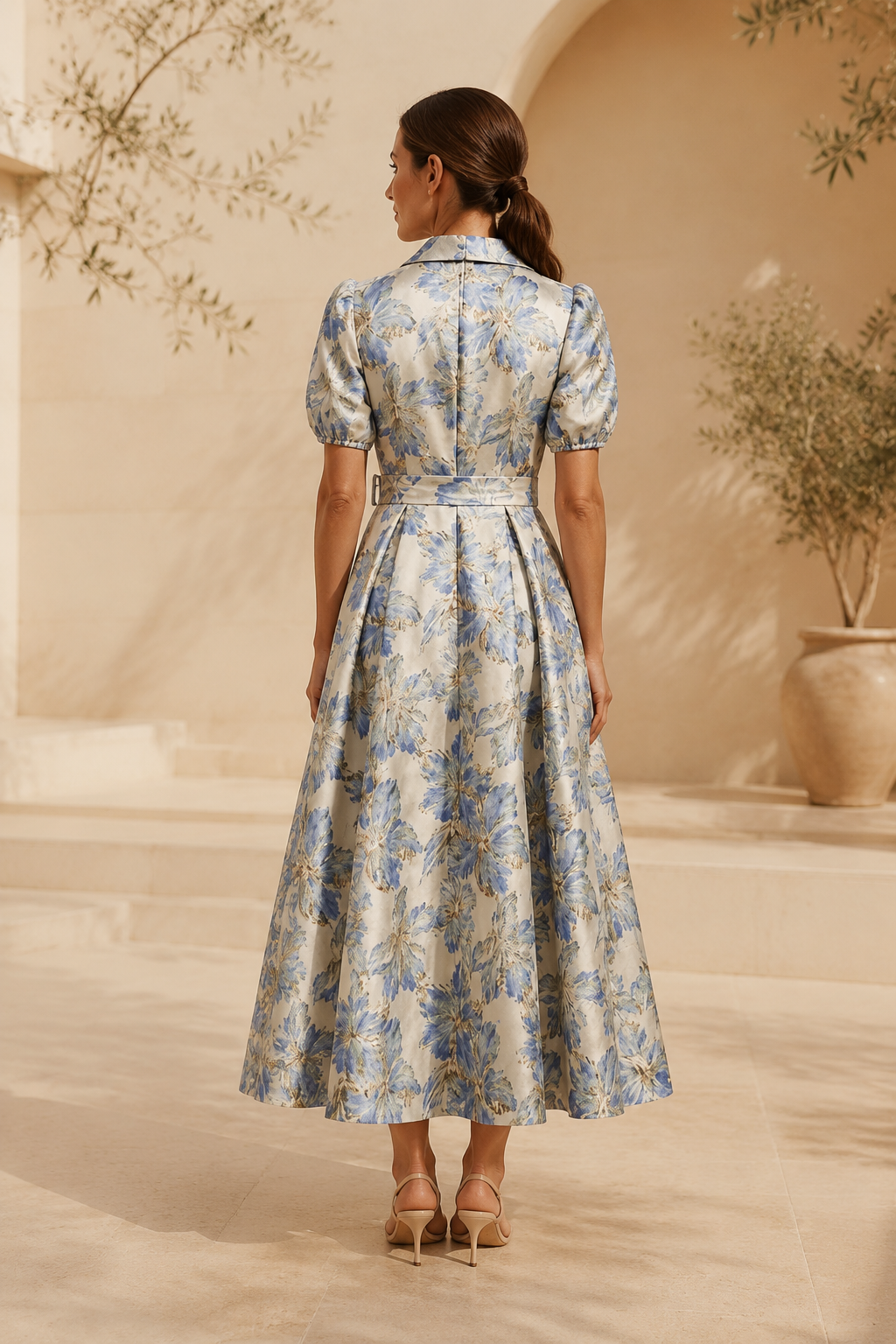 Floral Jacquard Belted Midi Dress with Puff Sleeves