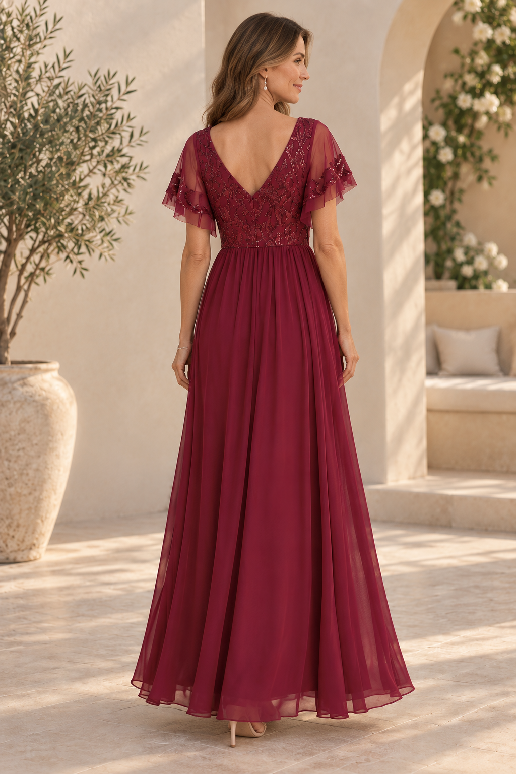 Sequin V-Neck Maxi Dress with Flutter Sleeves