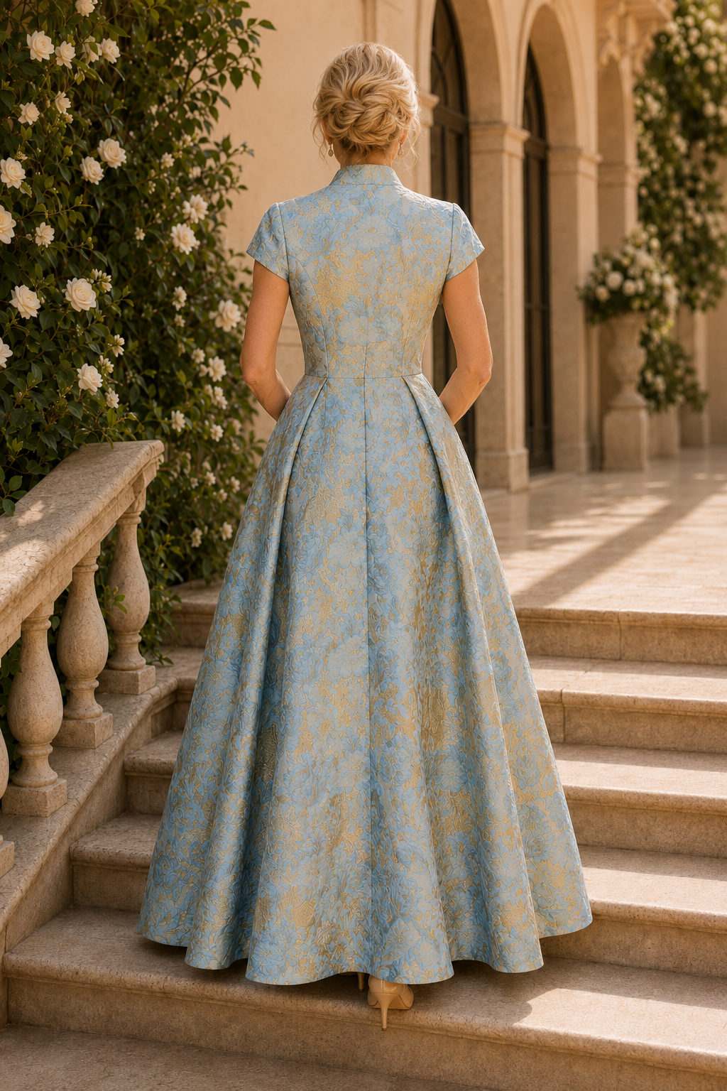 Brocade A-Line Formal Gown with Cropped Bolero
