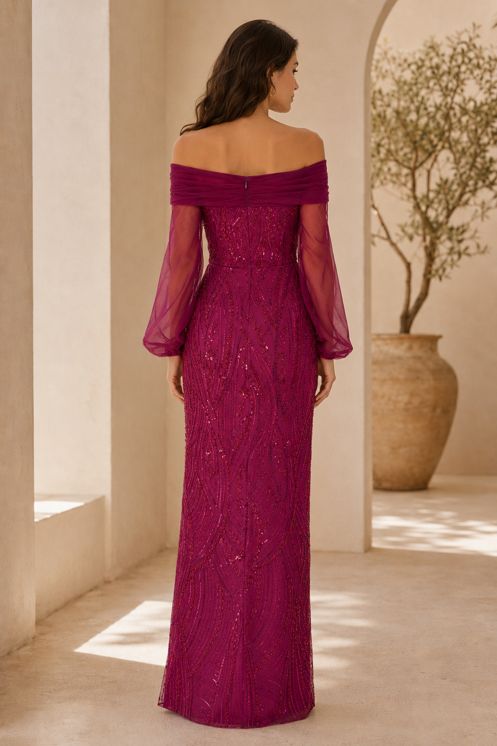 Off-Shoulder Sequin Gown with Sheer Sleeves & High Slit