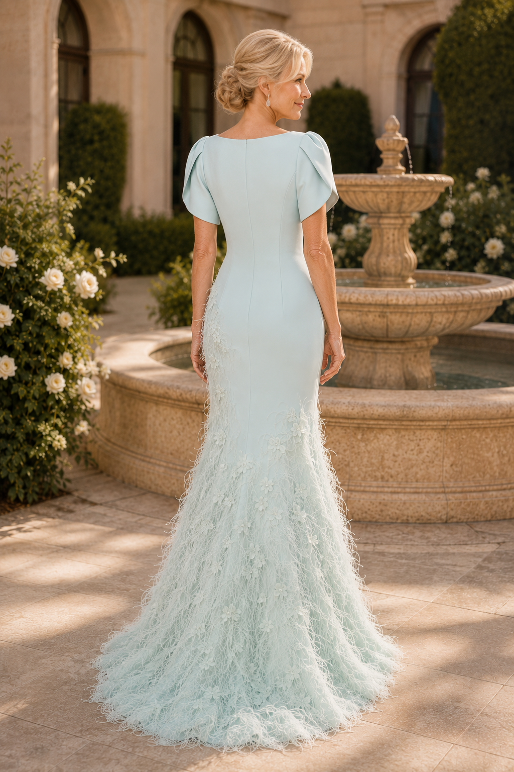 Flutter Sleeve Mermaid Gown with Feather Skirt
