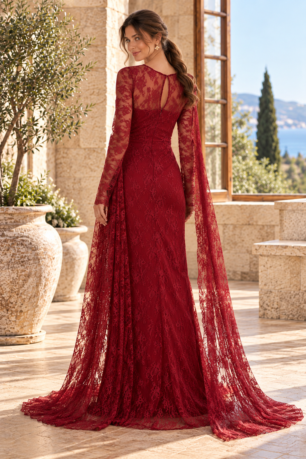 Lace Gown with Floor-Length Cape Sleeves