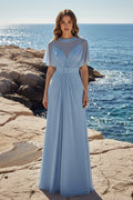 Illusion Pleated Chiffon Evening Gown