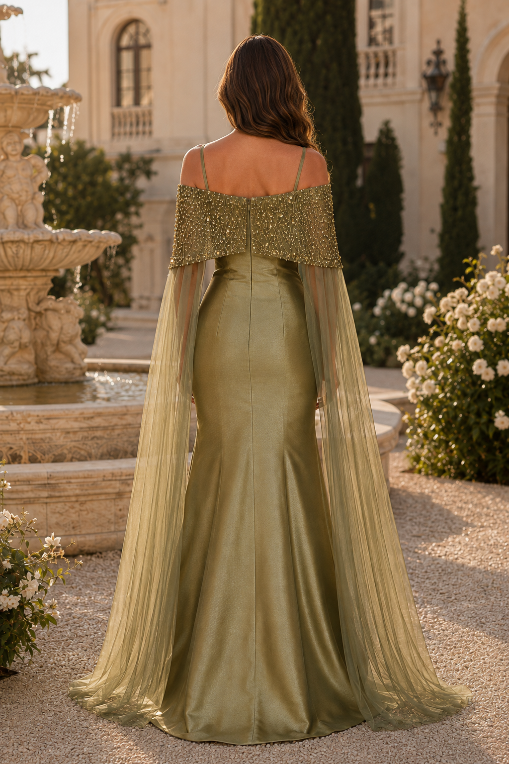 Beaded Capelet Mermaid Evening Gown