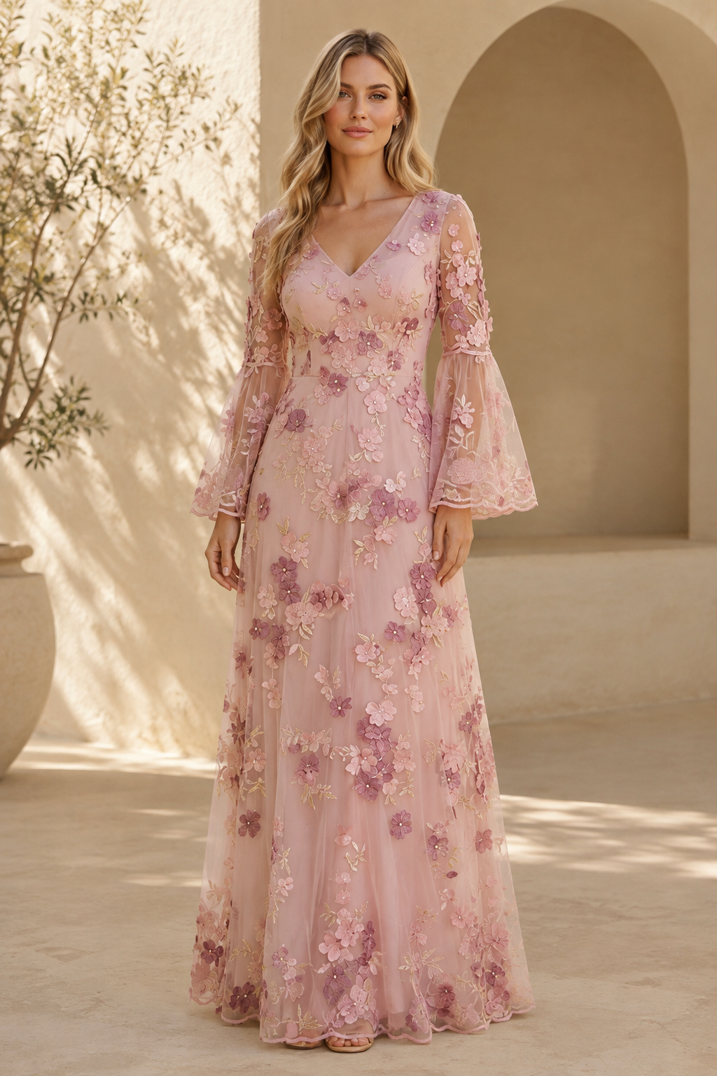 3D Floral Embroidered Maxi Dress with Bell Sleeves