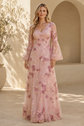 3D Floral Embroidered Maxi Dress with Bell Sleeves