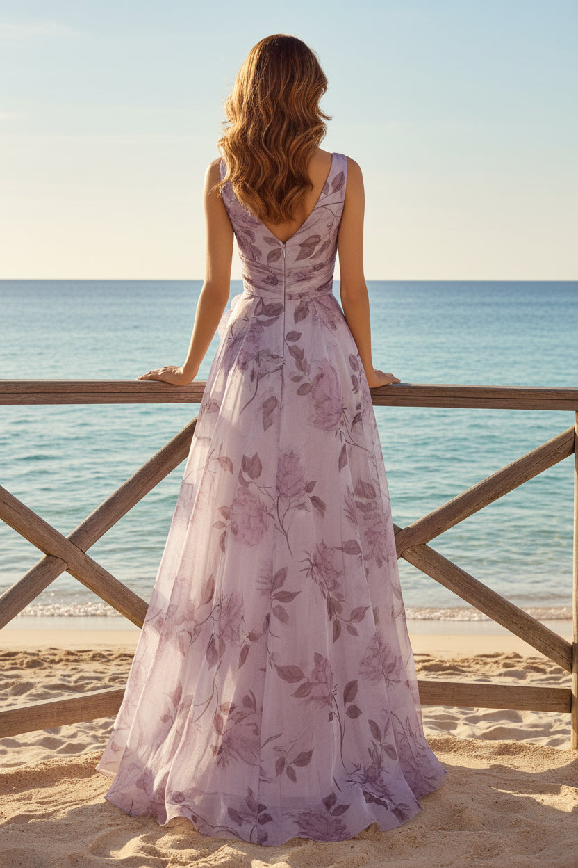 Floral Chiffon Wrap A-Line Formal Gown
