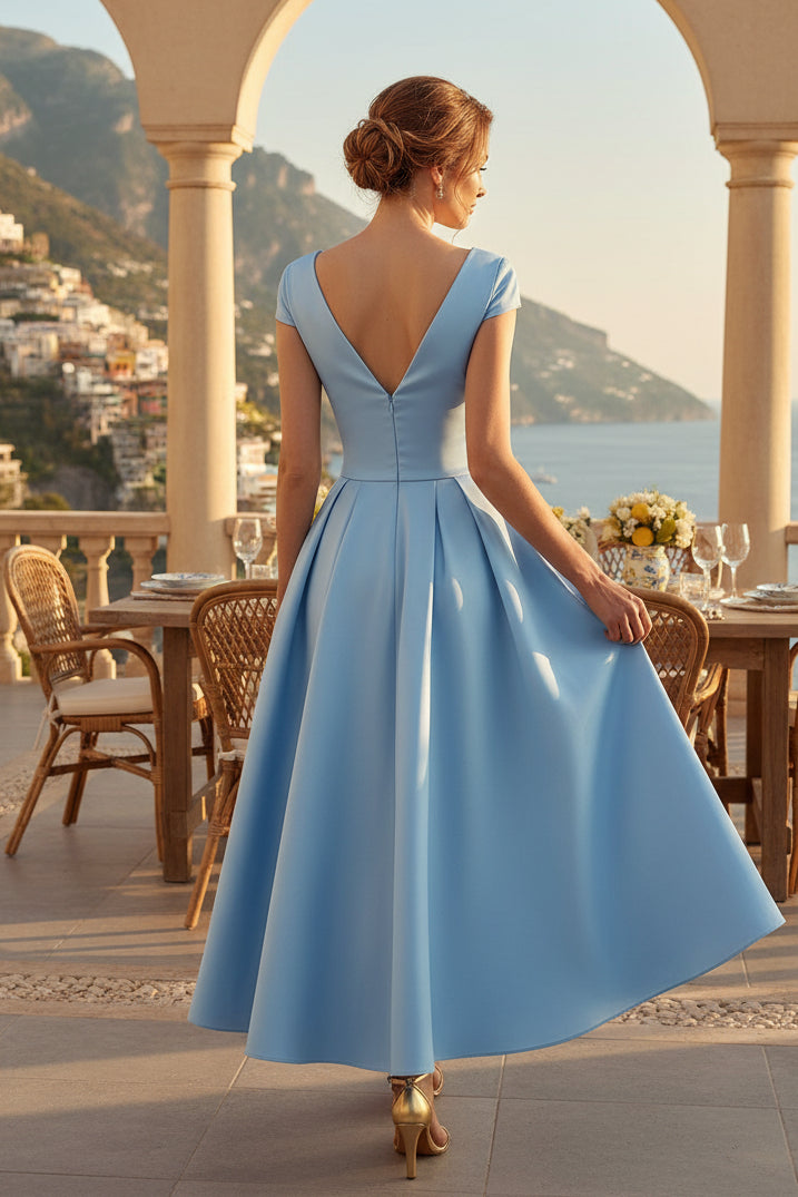 V-Neck A-Line Satin Tea-Length Dress with Bow