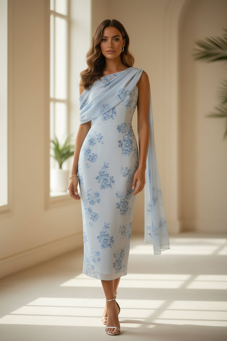 Floral One-Shoulder Draped Midi Dress