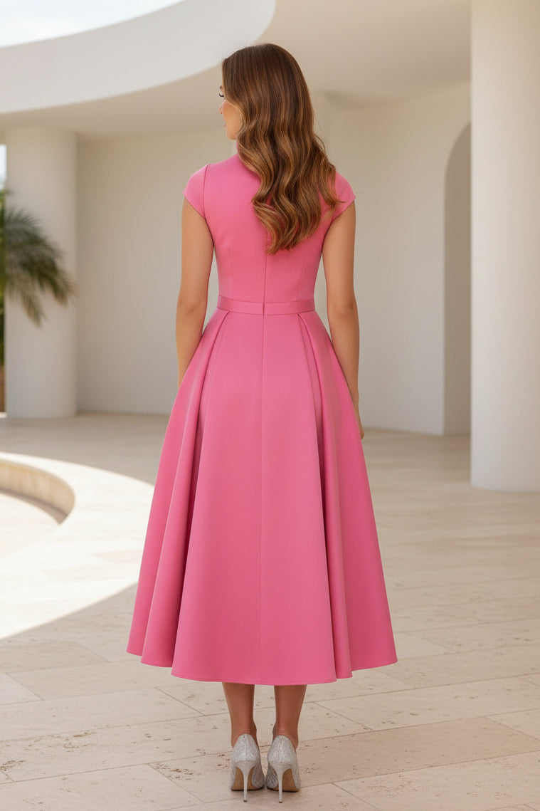 Bow High Neck A-Line Midi Dress with Pockets