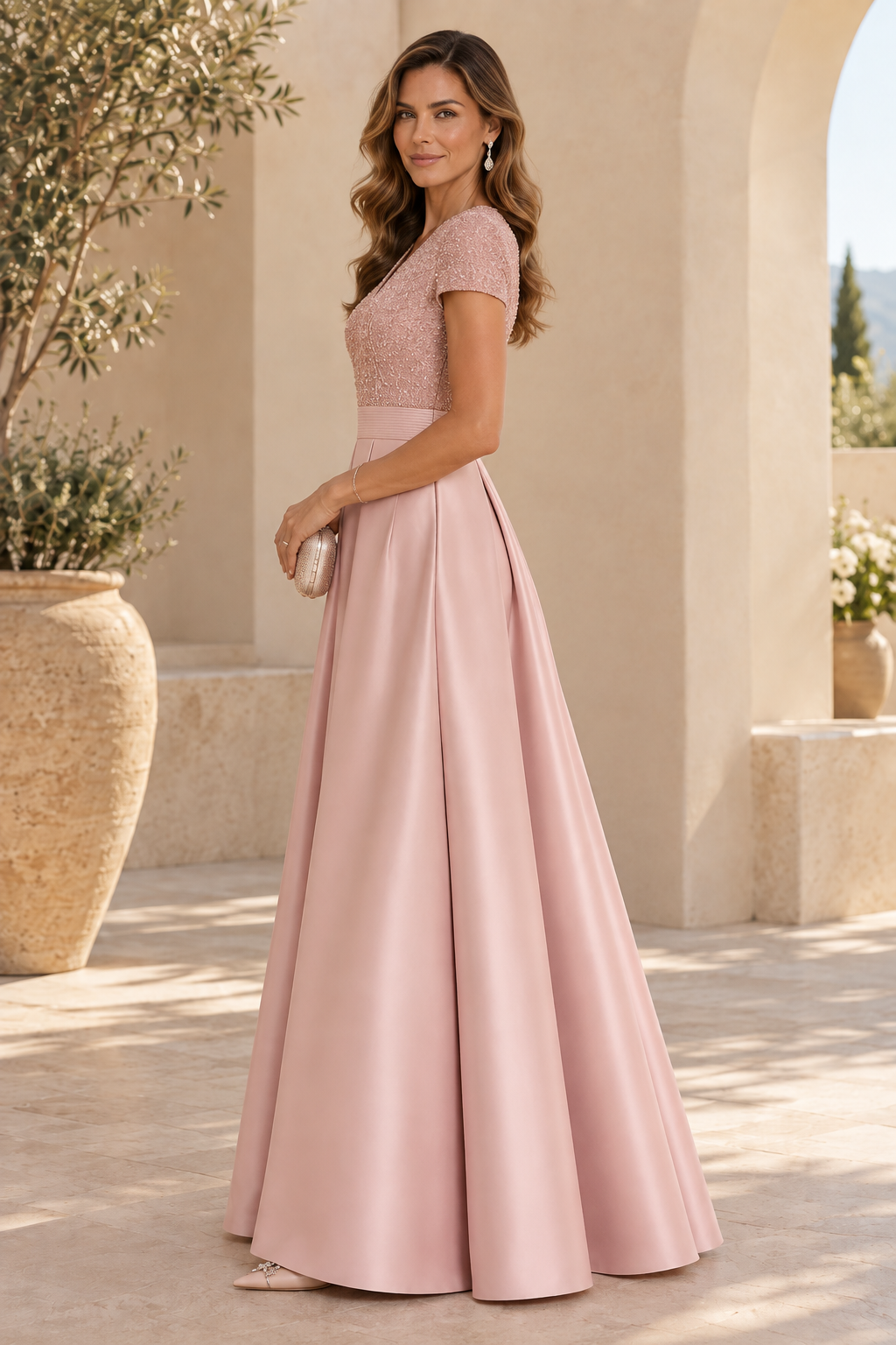 Beaded Bodice A-Line Gown with Pleated Skirt