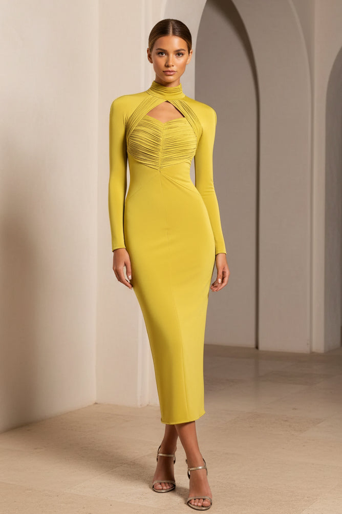 High Neck Keyhole Long Sleeve Bodycon Midi Dress