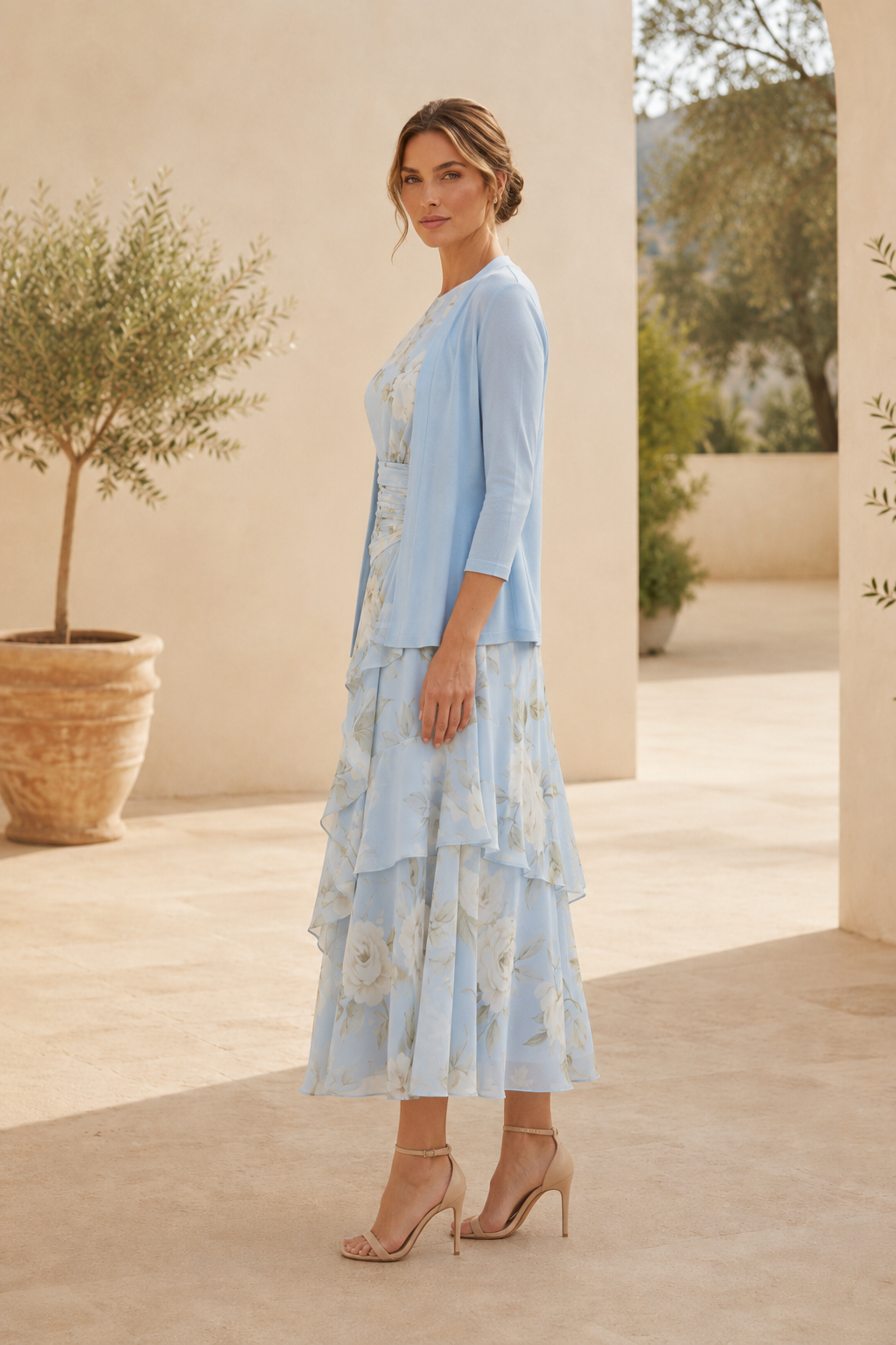 Floral Tiered Midi Dress with 3/4-Sleeve Jacket