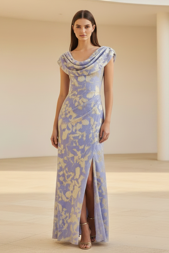 Cowl Neck Metallic Draped Evening Gown