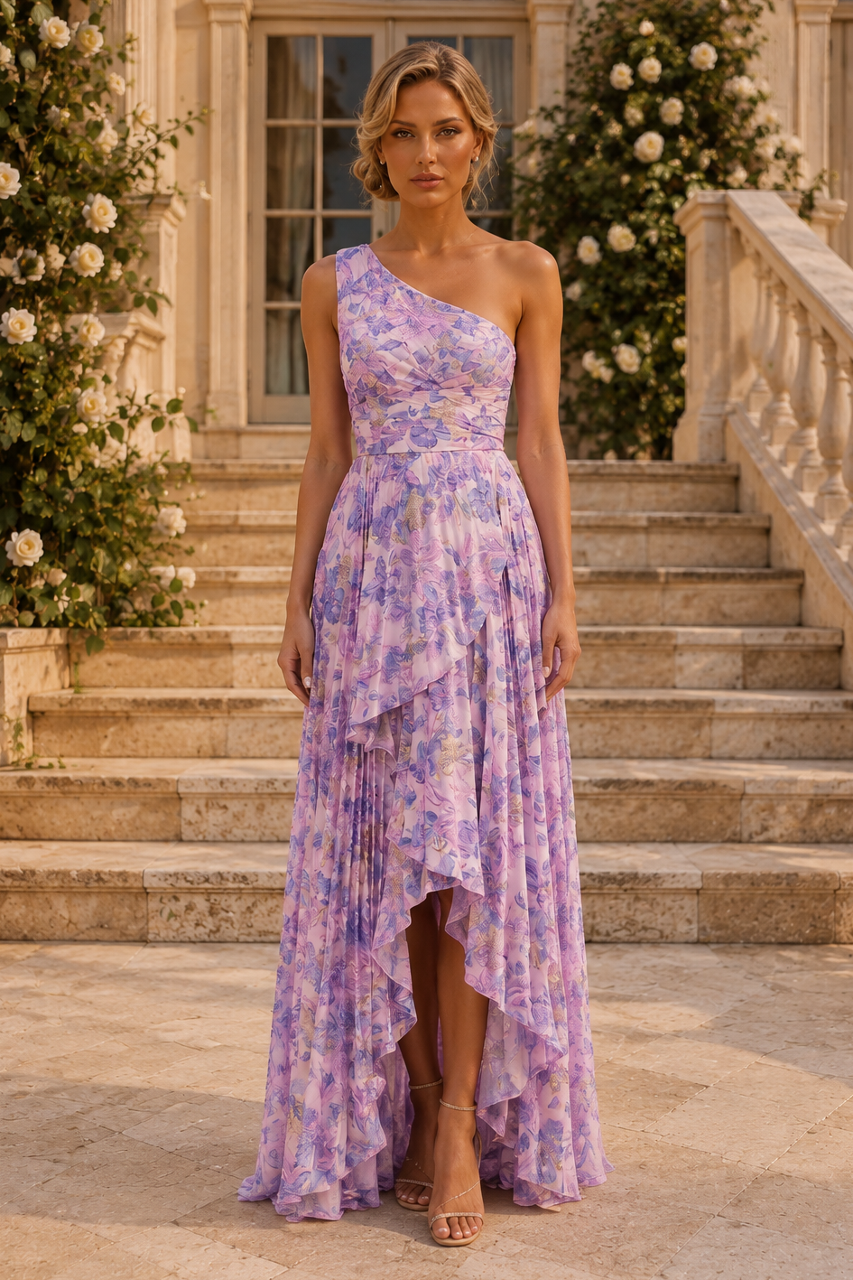 One-Shoulder Floral High-Low Maxi Dress