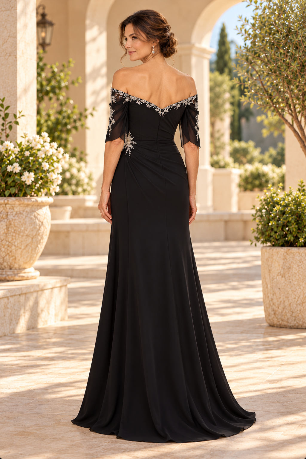 Off-the-Shoulder Beaded Ruched Evening Gown