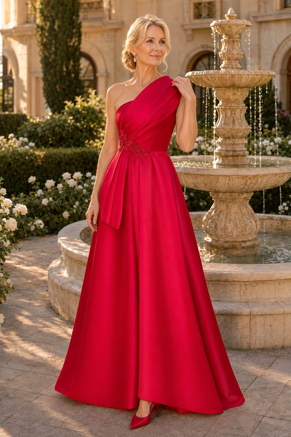 One-Shoulder Pleated Satin A-Line Evening Gown
