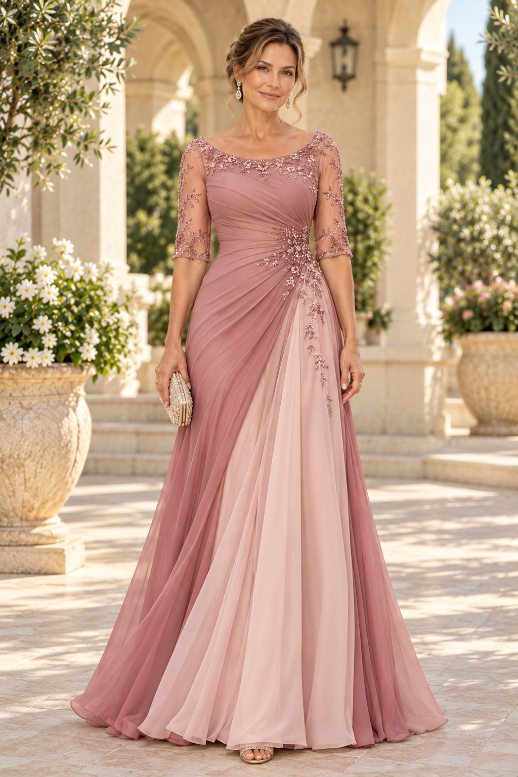 Ruched A-Line Gown with Floral Appliques
