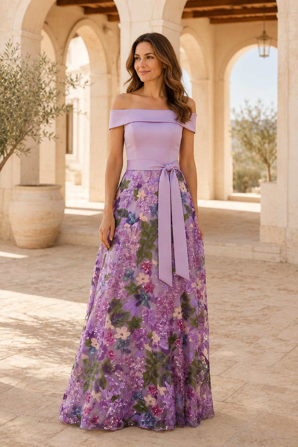 Off Shoulder Floral Sequin A-Line Evening Gown