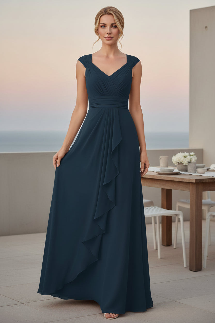 V-Neck Chiffon A-Line Evening Gown with Ruffle Detail