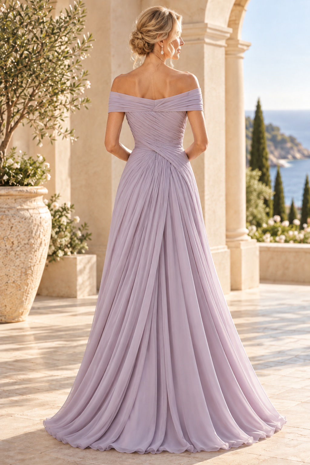 Off-the-Shoulder Pleated Chiffon A-Line Gown