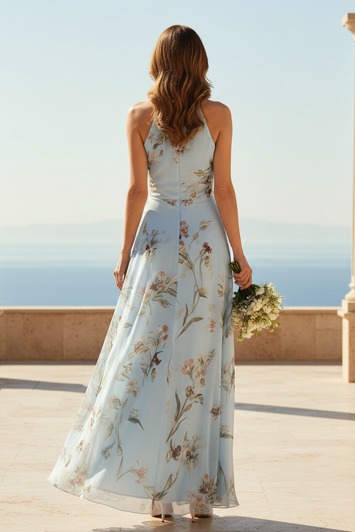 Floral Halter Chiffon Maxi Dress