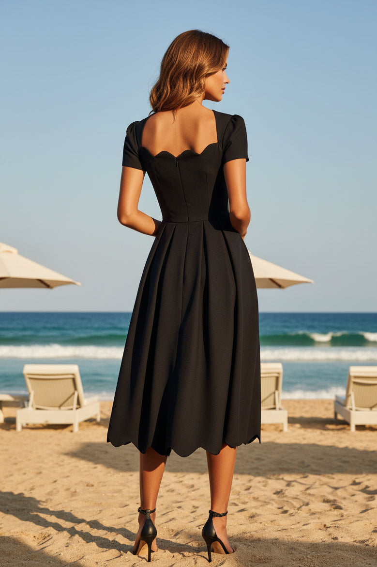 Elegant Scalloped Midi A-Line Dress with Pockets