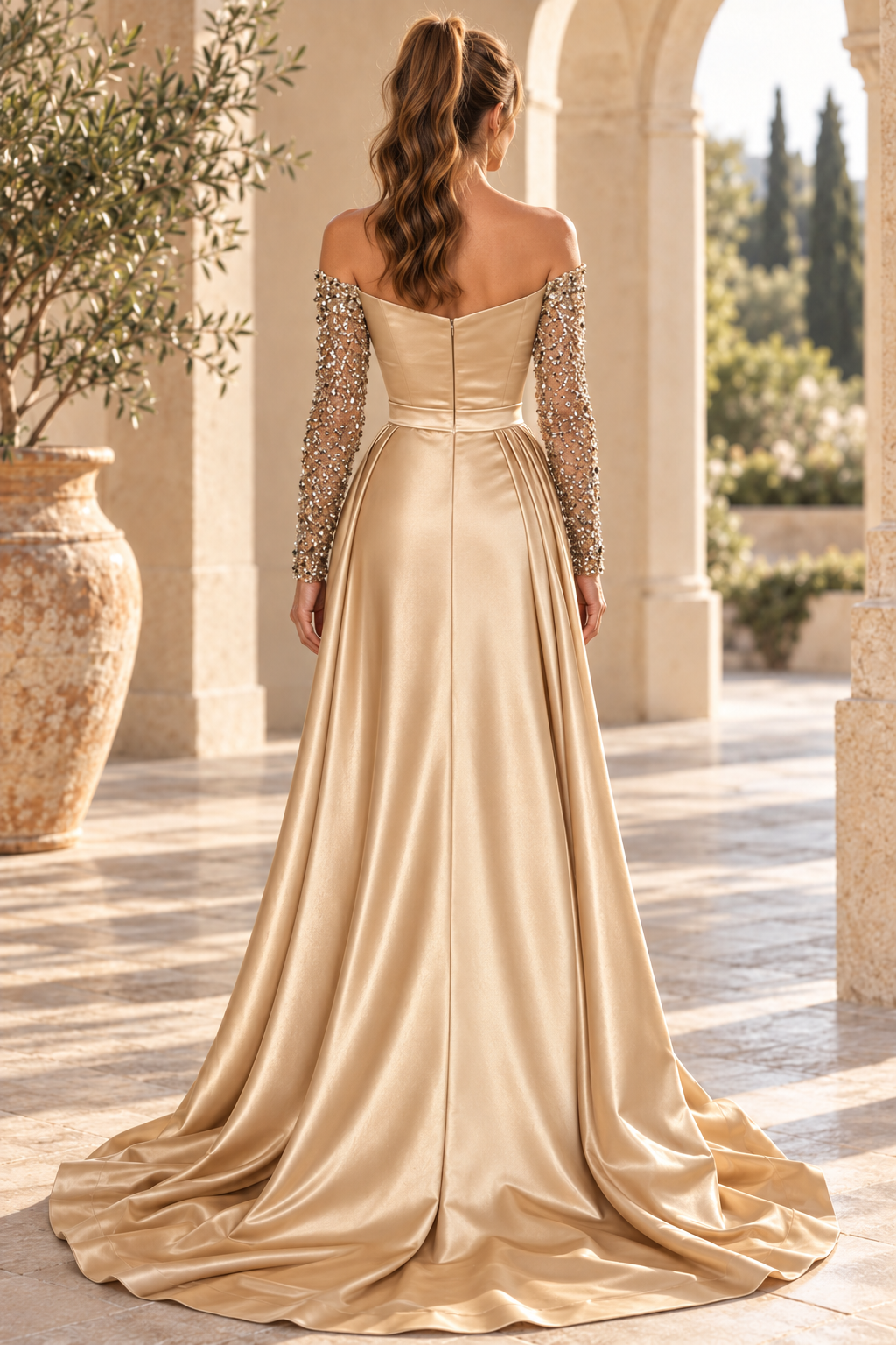 Off-the-Shoulder Beaded Sleeve Satin Gown with Slit