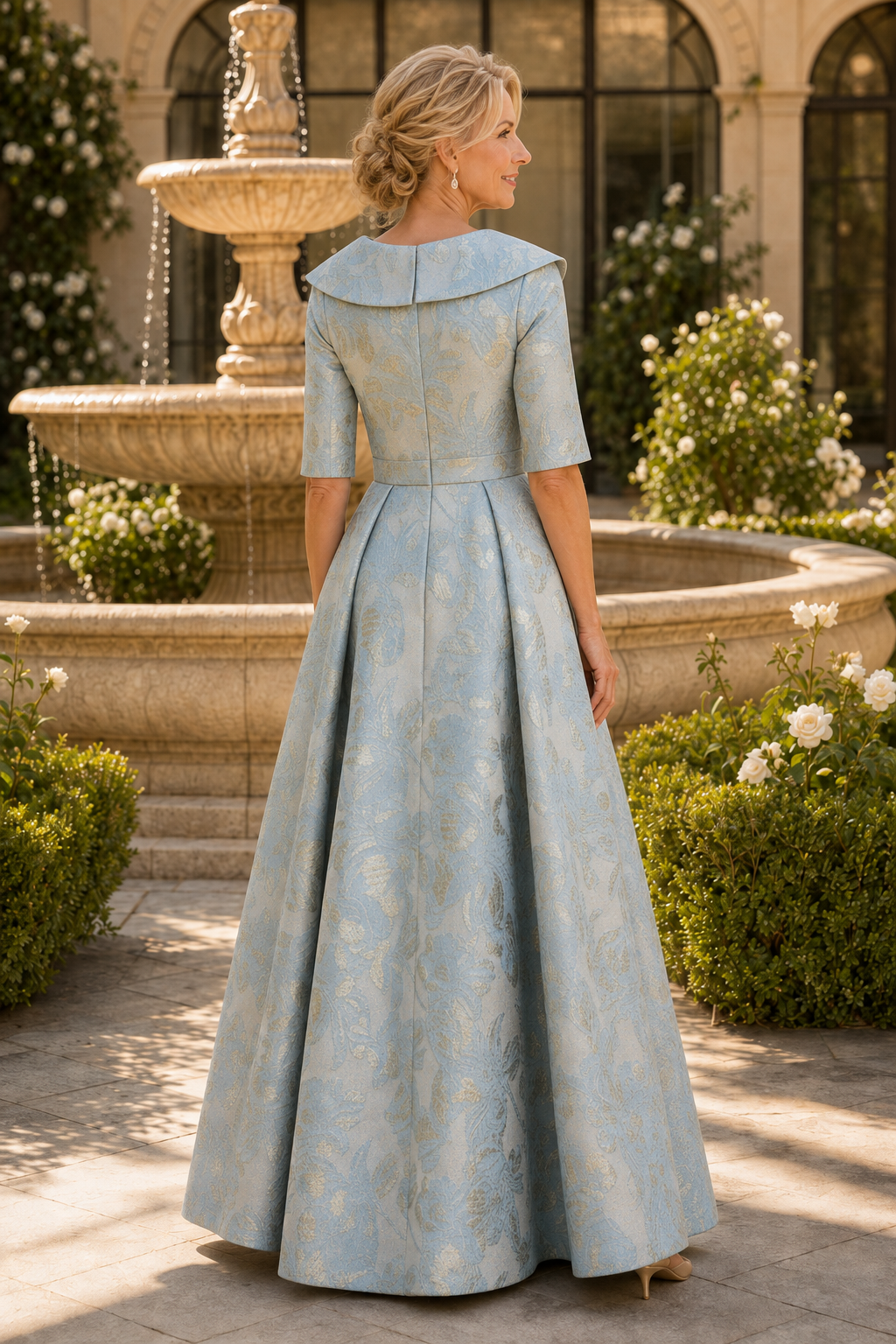 Collared Brocade A-Line Gown with Elbow Sleeves