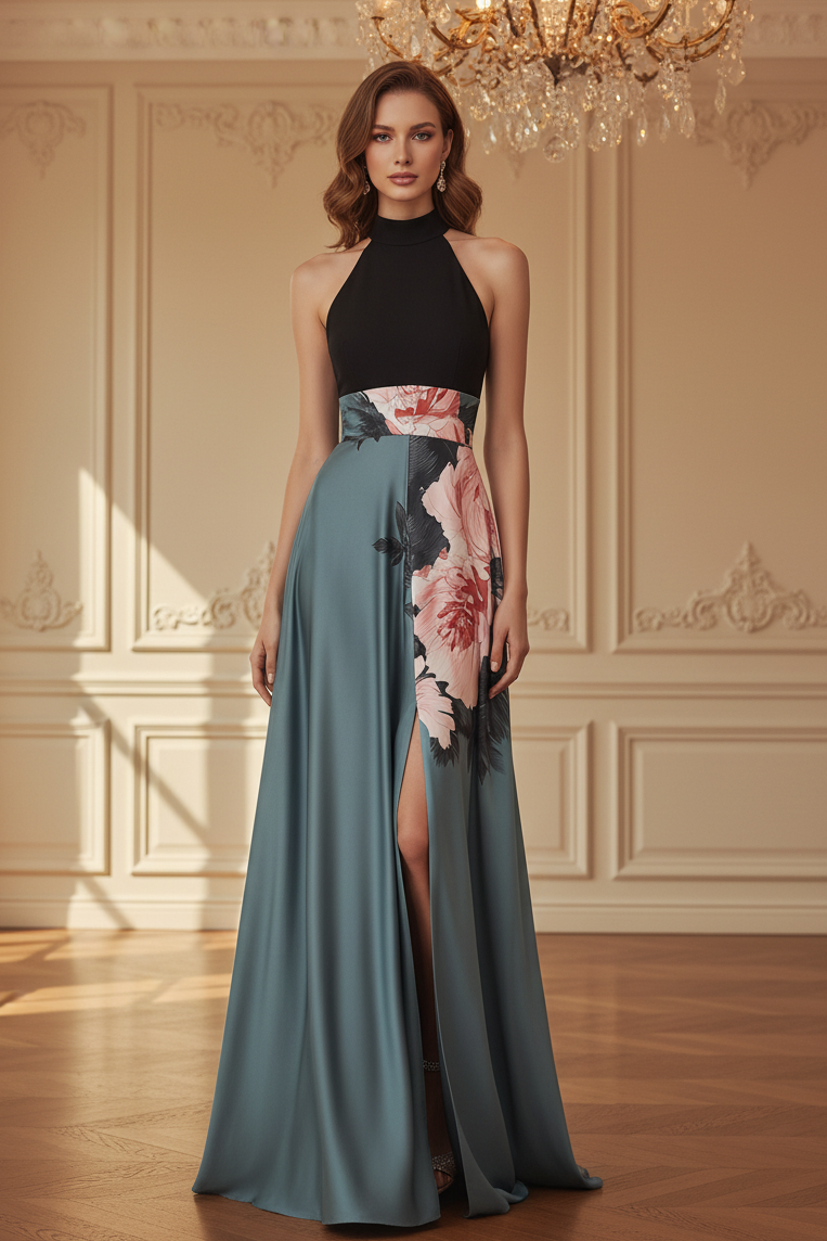 Halter Neck Floral A-Line Evening Dress with Slit