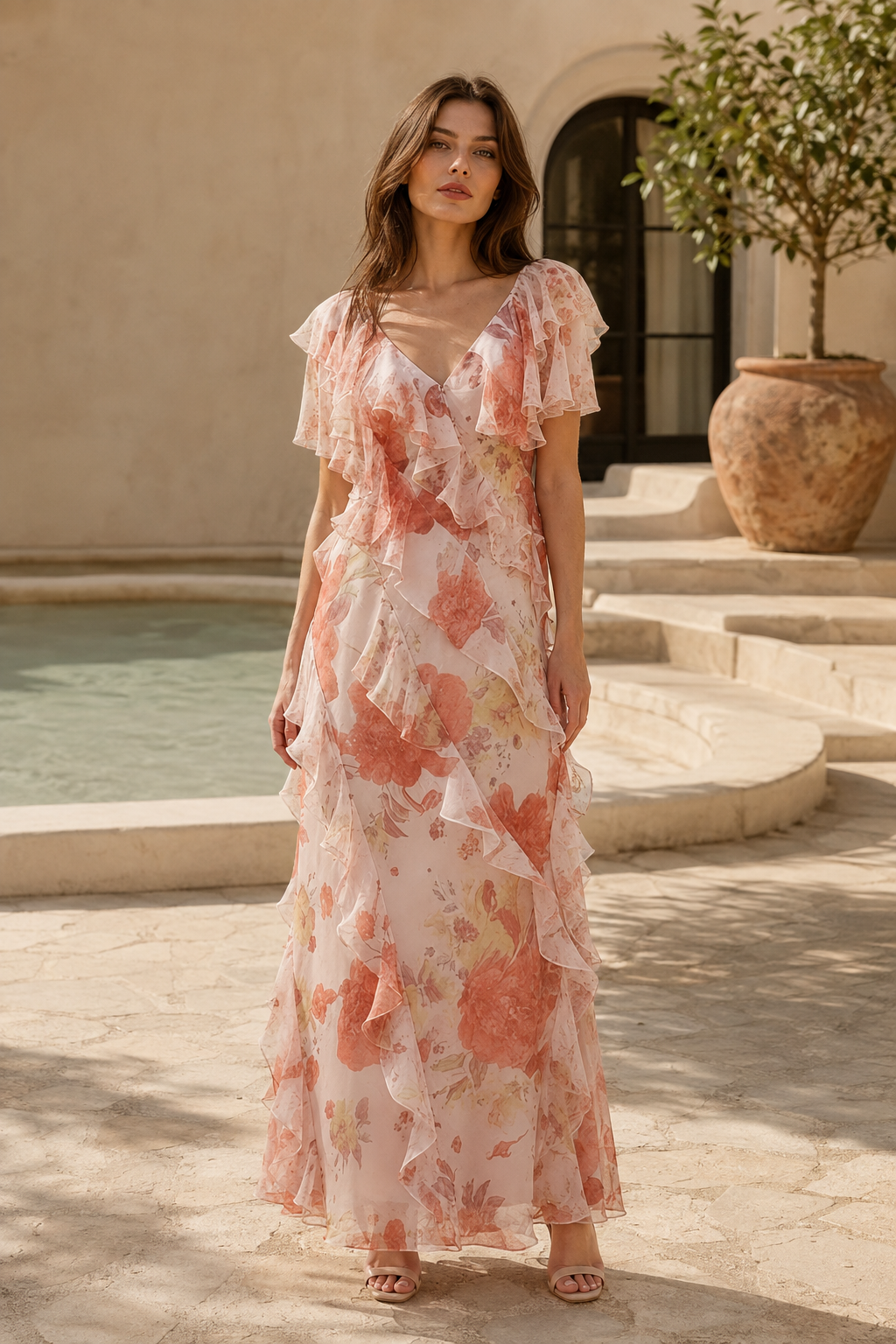 Floral Print Ruffled Maxi Dress with V-Neck