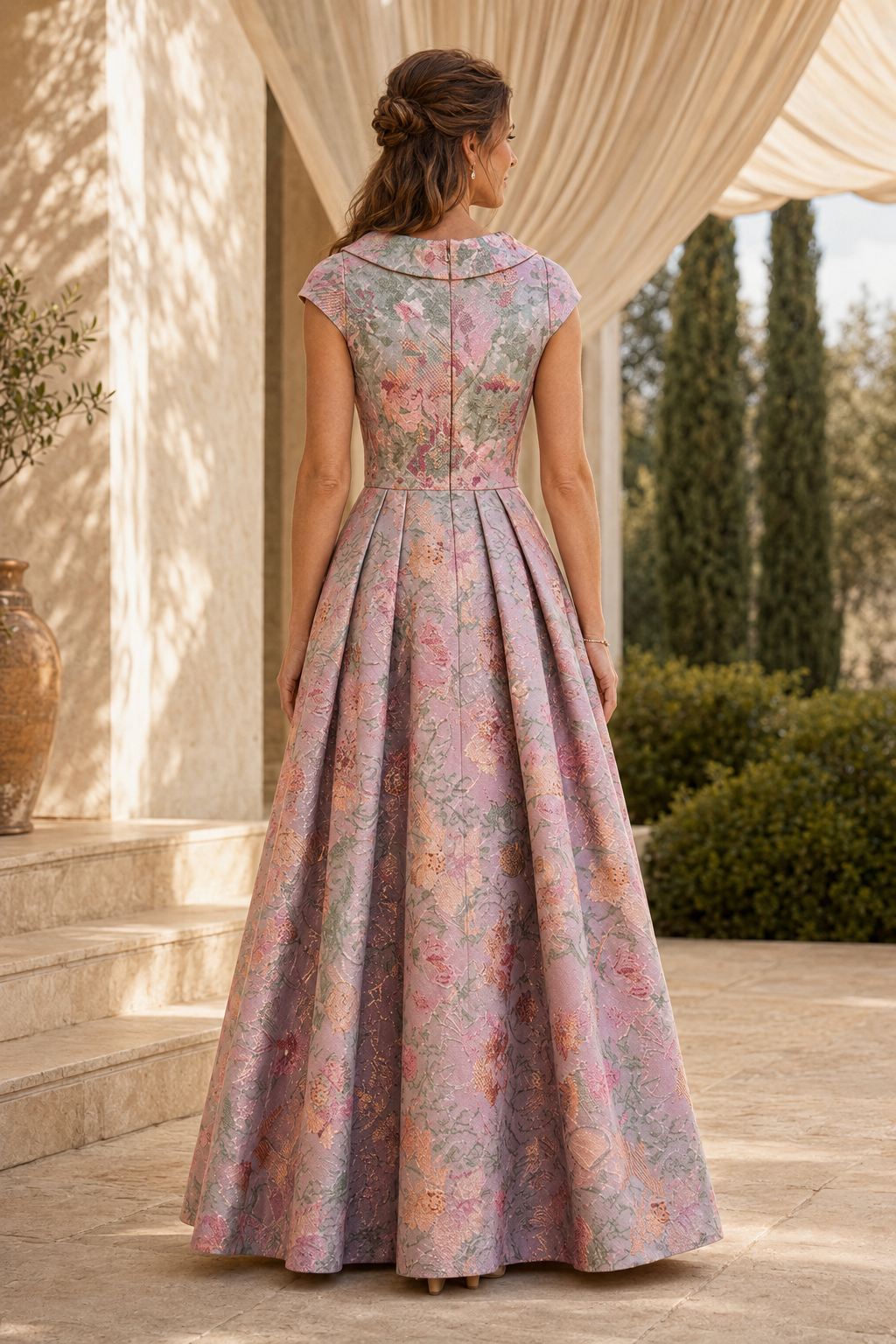 Floral Jacquard Cap Sleeve Pleated A-Line Gown