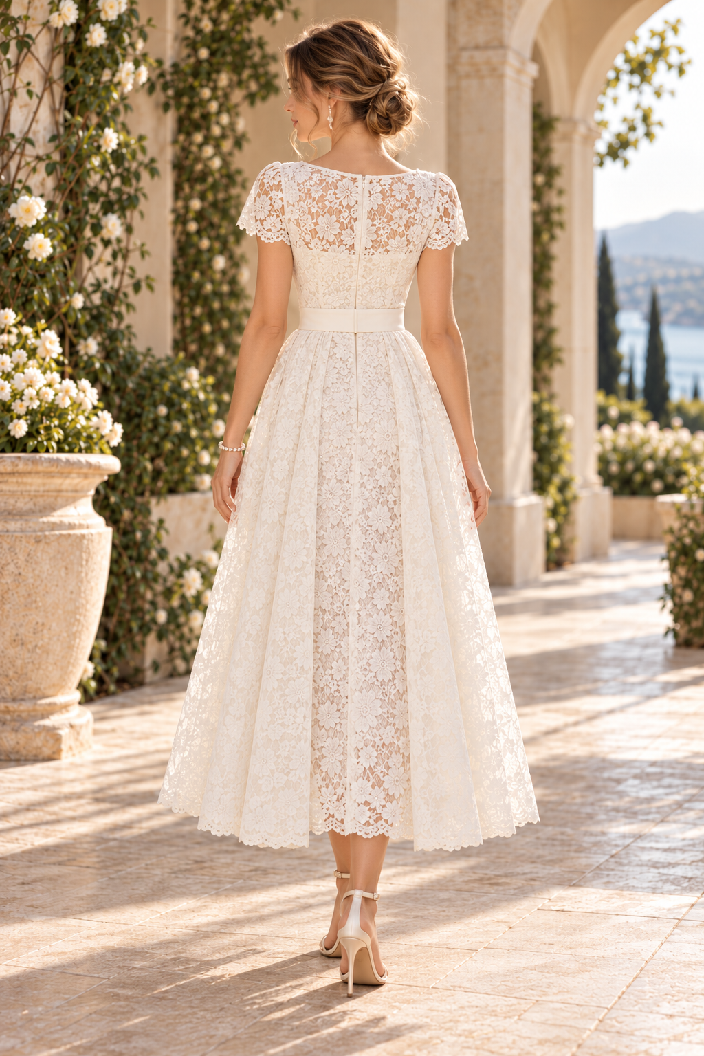 Belted Lace A-Line Tea-Length Dress with Sleeves