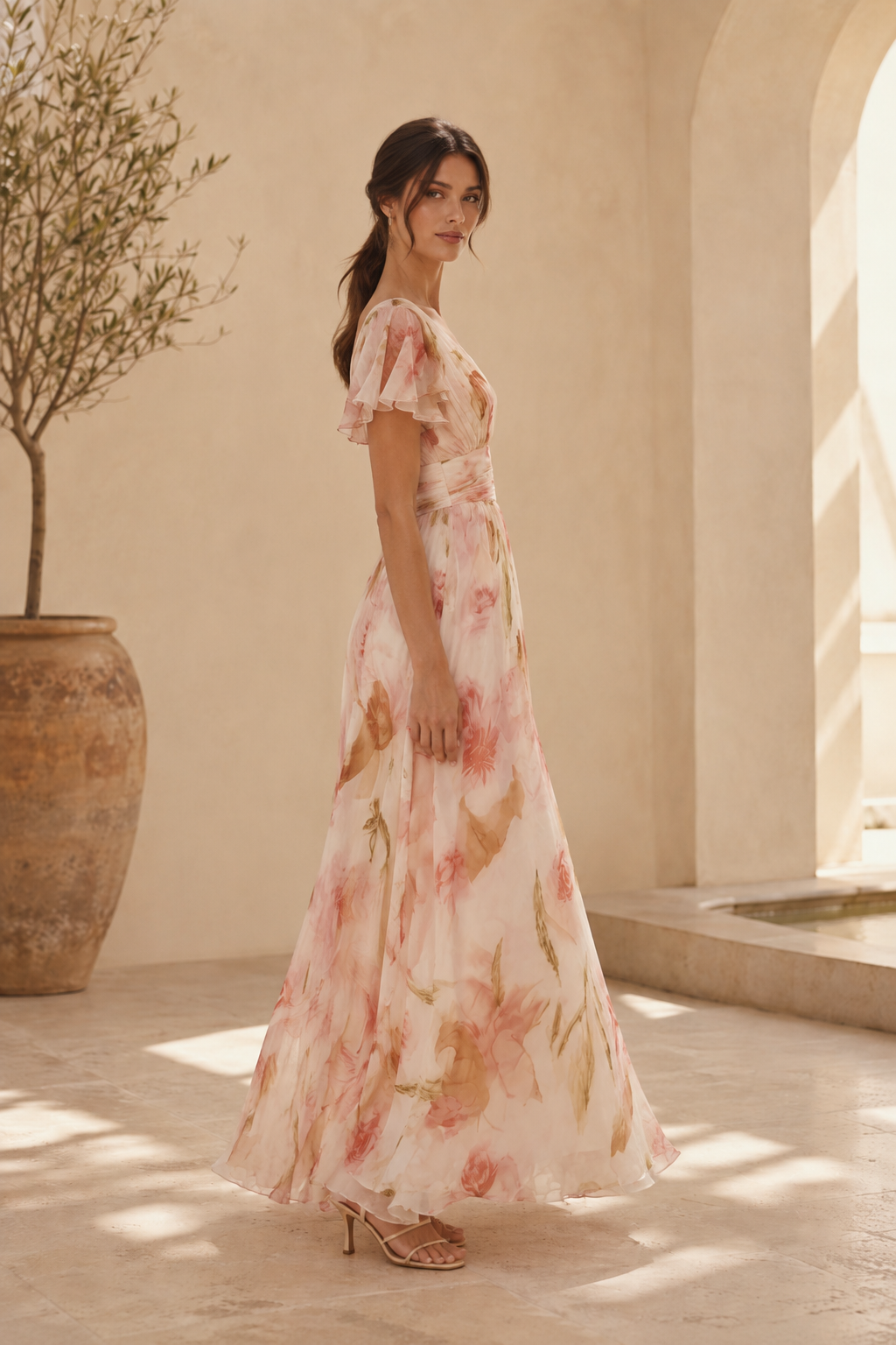 Floral Print V-Neck Maxi Dress with Flutter Sleeves