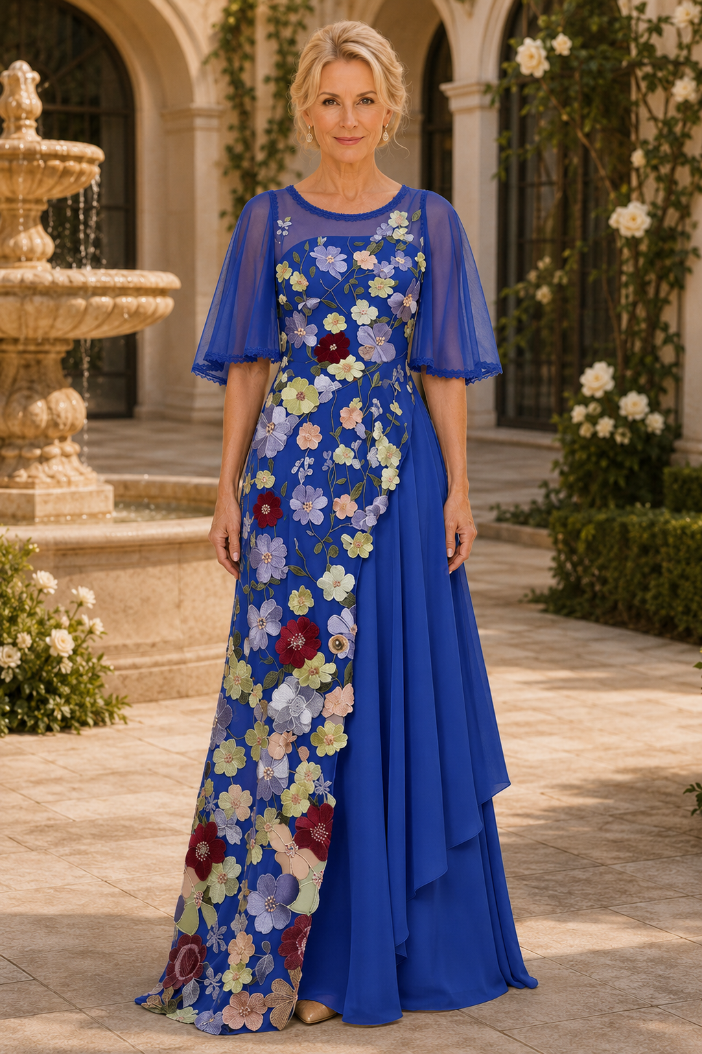 Embroidered Floral Illusion Gown with Flutter Sleeves