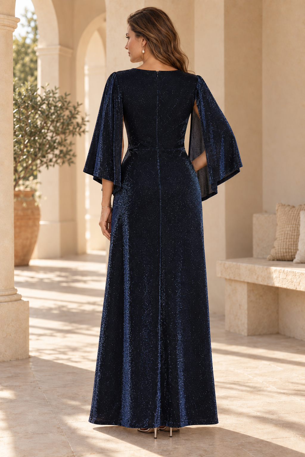 Glitter V-Neck Evening Gown with Cape Sleeves