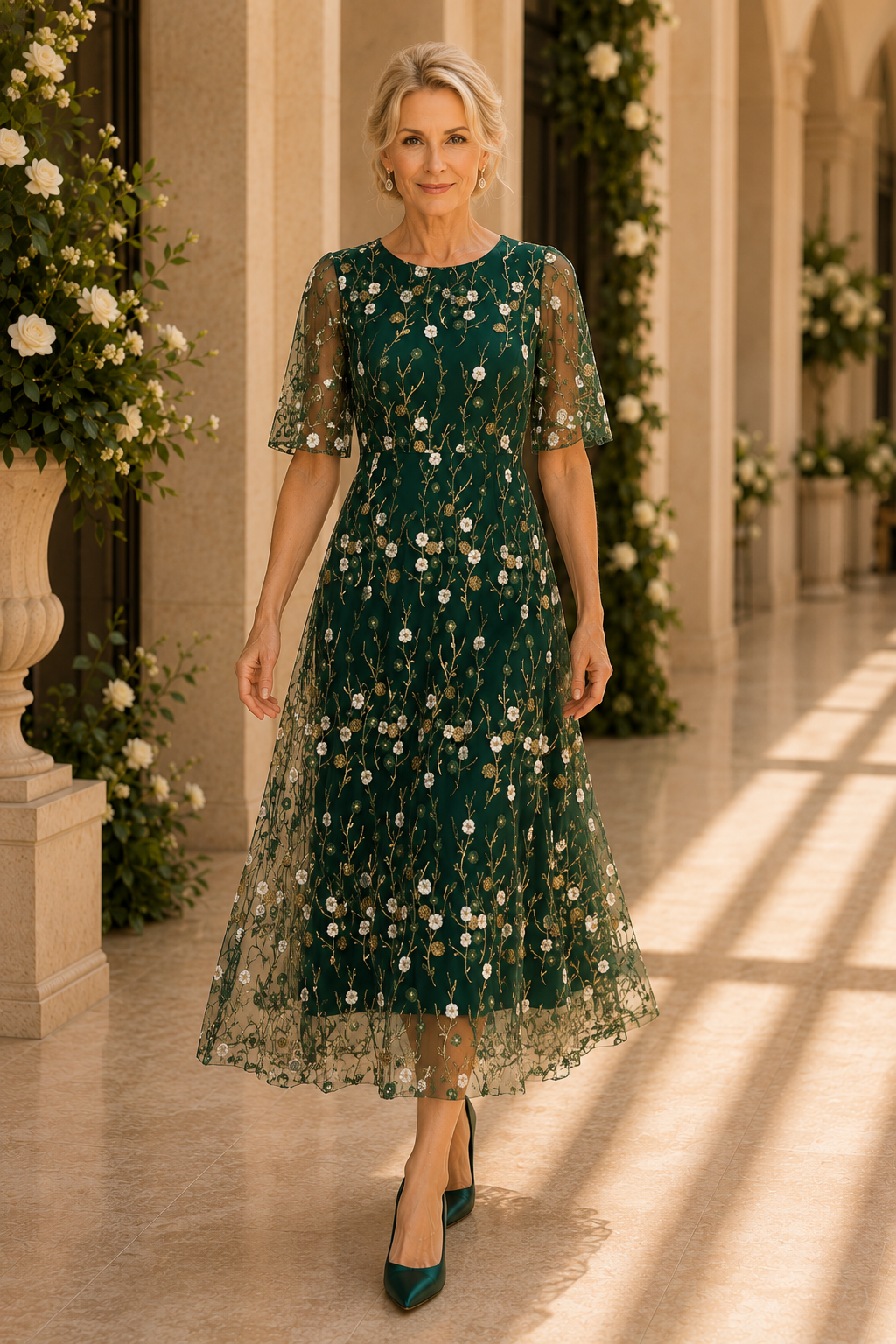 Floral Embroidered Flutter Sleeve Midi Dress