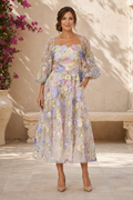 Floral 3D Applique Puff Sleeve Midi Dress