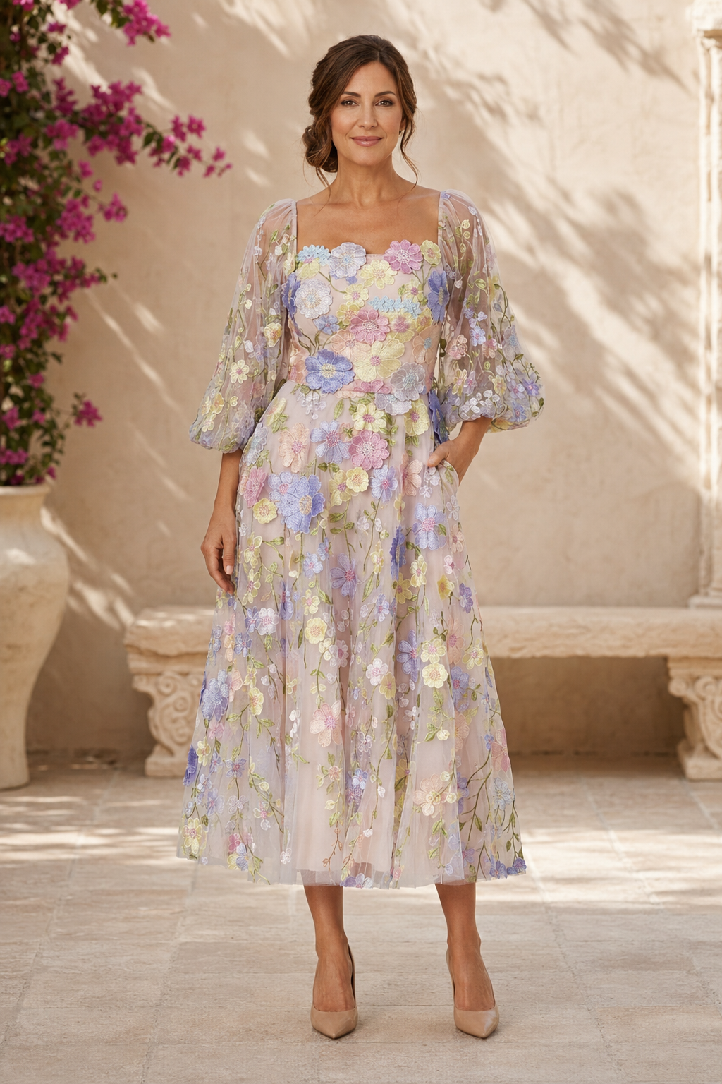 Floral 3D Applique Puff Sleeve Midi Dress