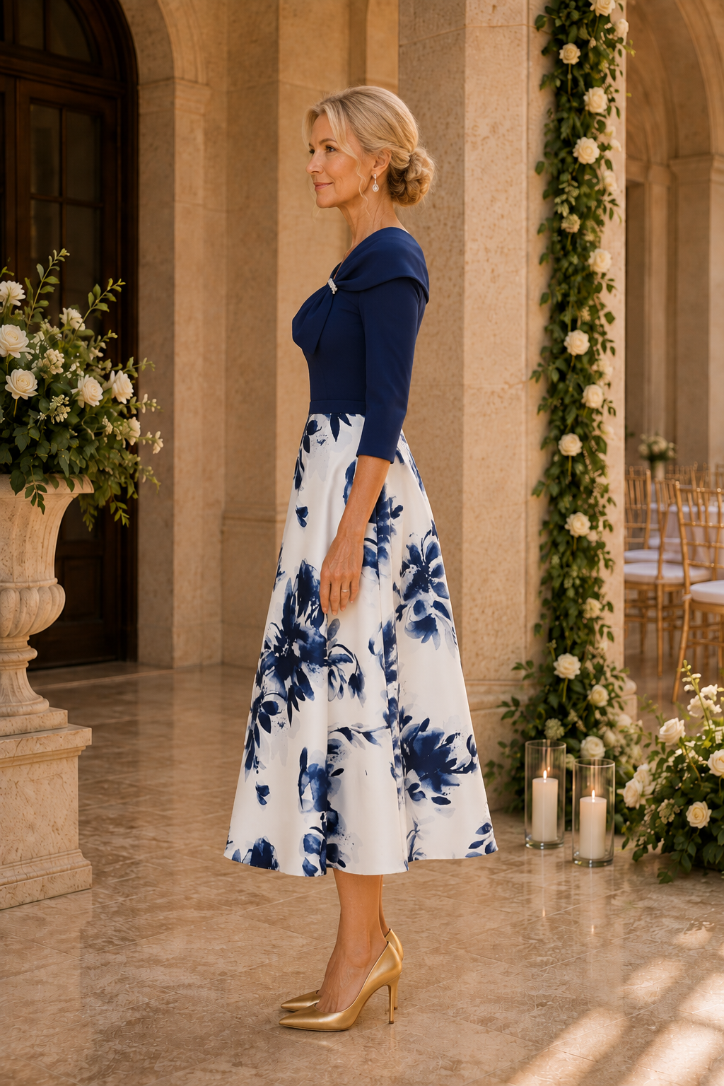 Asymmetrical Bow Floral A-Line Midi Dress