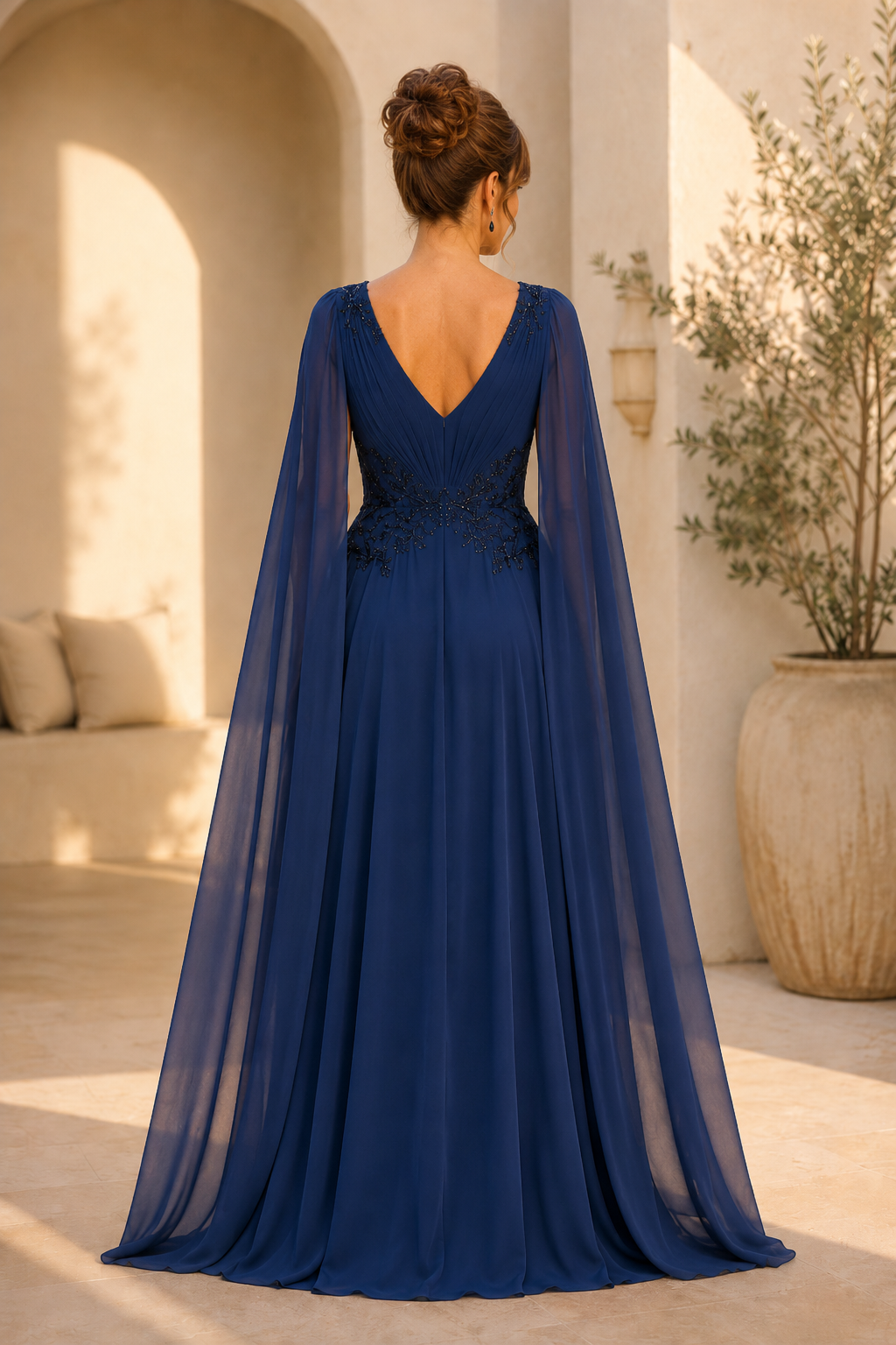 A-Line Chiffon Cape Evening Gown with Beading